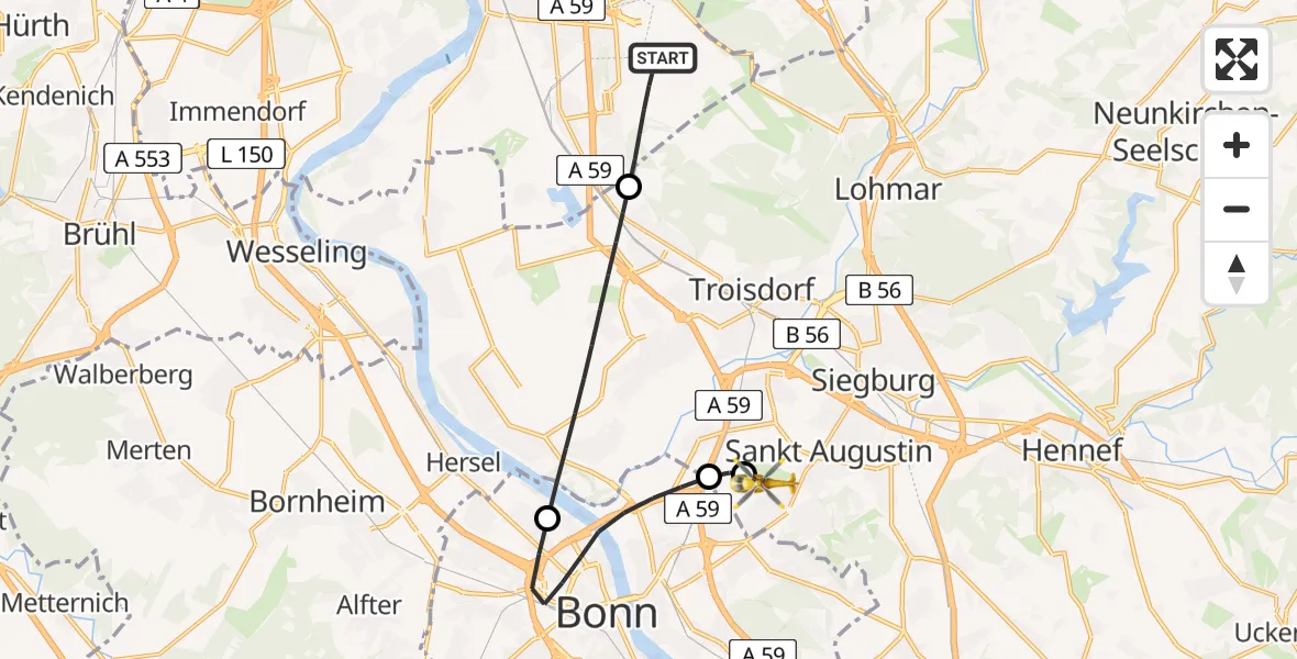 Flugroute Ambulanzhubschrauber Köln Bonn Flughafen - Bonn-Hangelar Flugplatz, 11 Mai 2026, 11:54