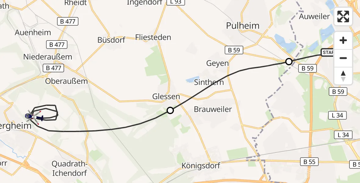 Flugroute Polizeihubschrauber Köln - Bergheim, 11 Mai 2026, 11:57
