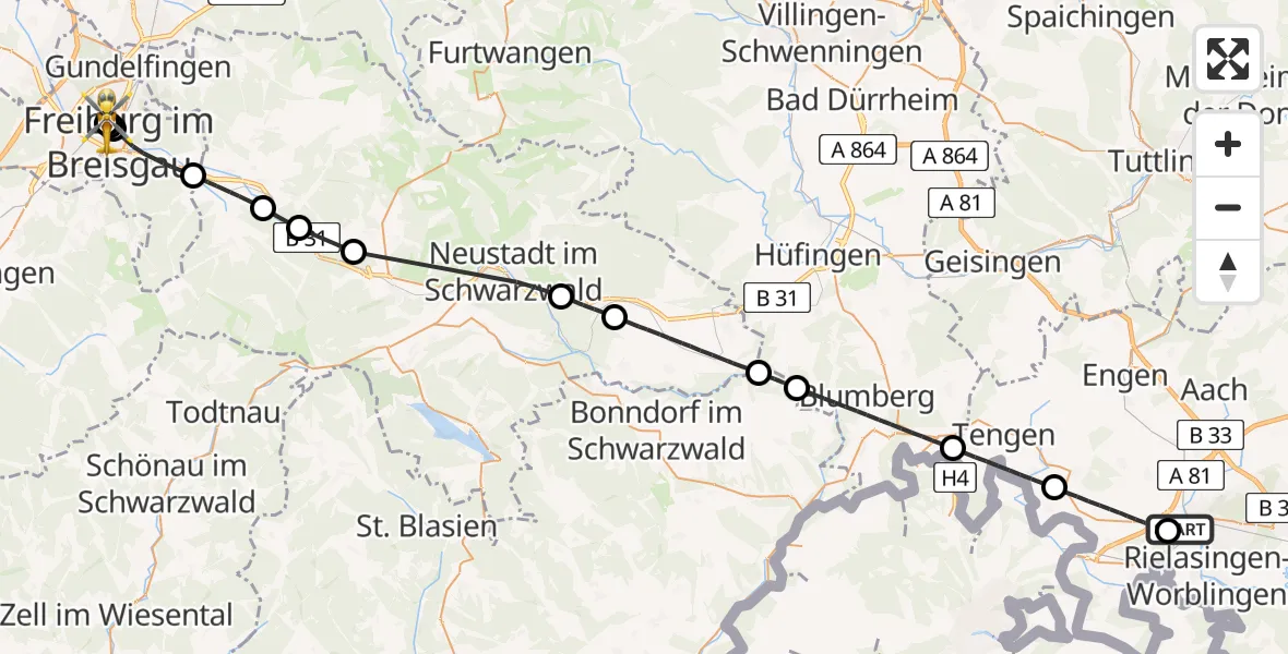 Flugroute Rettungshubschrauber Singen (Hohentwiel) - Freiburg University Hospital Heliport 1, 11 Mai 2026, 12:00