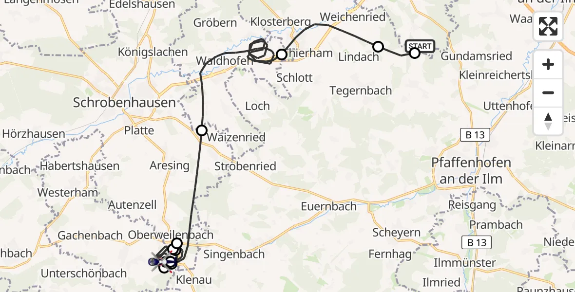 Flugroute Polizeihubschrauber Pörnbach - Gachenbach, 11 Mai 2026, 12:03
