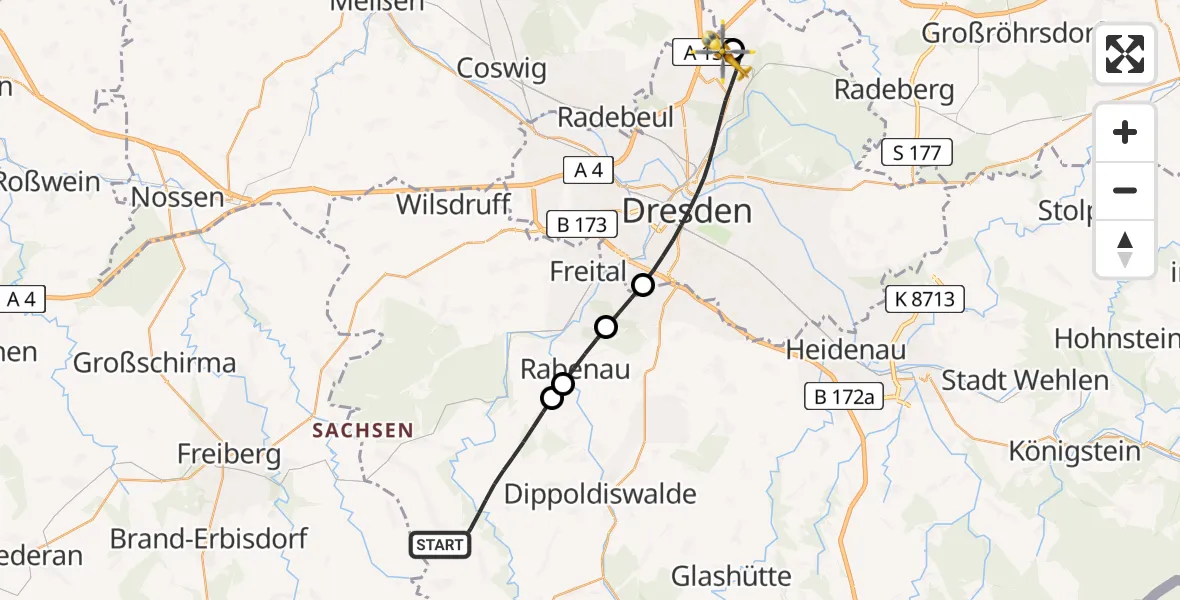 Flugroute Rettungshubschrauber Klingenberg - Dresden Bundespolizei Hubschrauberlandeplatz, 11 Mai 2026, 12:03
