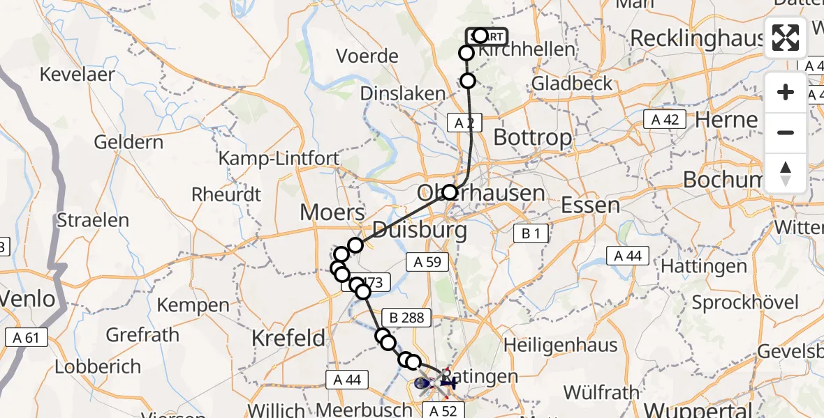 Flugroute Polizeihubschrauber Dinslaken-Schwarze Heide Flugplatz - Düsseldorf Flughafen, 11 Mai 2026, 12:06