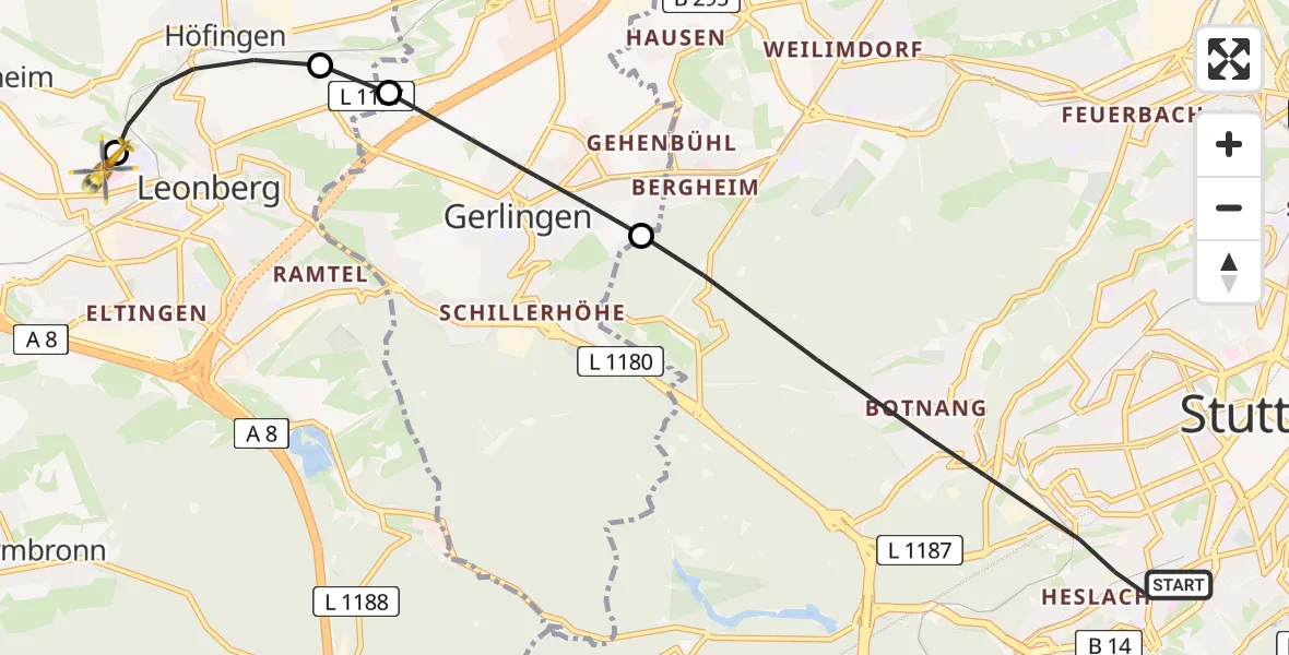 Flugroute Rettungshubschrauber Stuttgart - Leonberg Hospital, 11 Mai 2026, 12:08