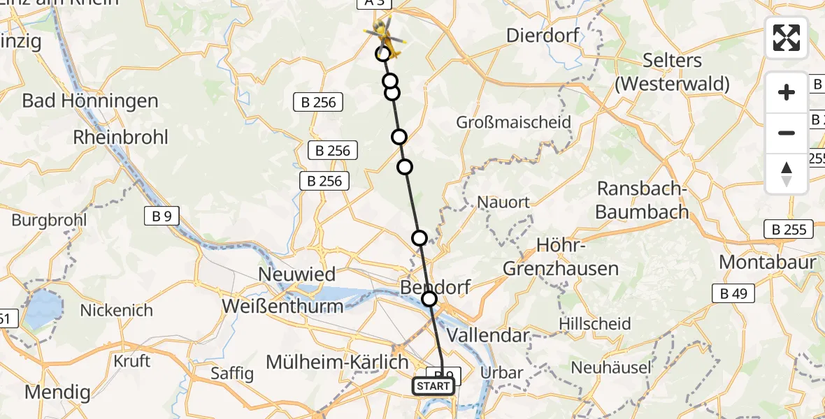 Flugroute Rettungshubschrauber Koblenz - Oberraden, 11 Mai 2026, 12:12