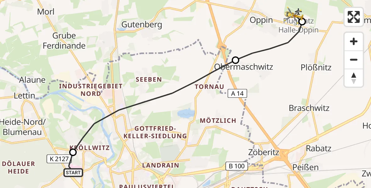 Flugroute Rettungshubschrauber Halle (Saale) University Hospital - Halle-Oppin Flugplatz, 11 Mai 2026, 12:13