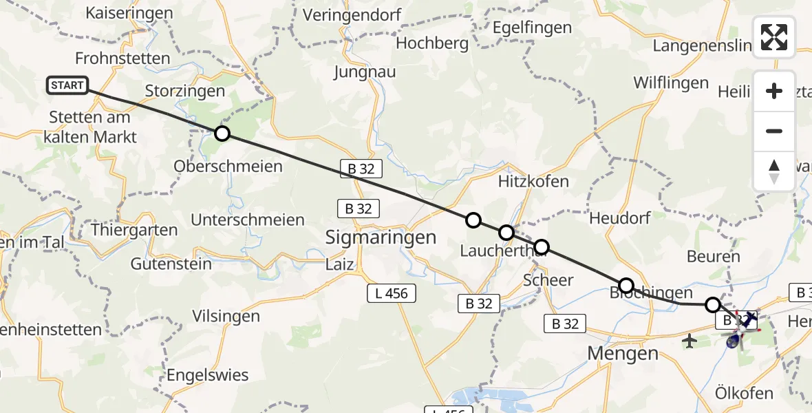 Flugroute Polizeihubschrauber Stetten am kalten Markt - Mengen-Hohentengen Flugplatz, 11 Mai 2026, 12:25