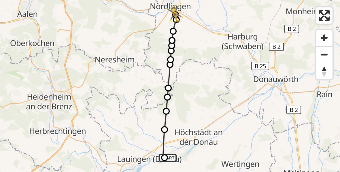 Flugroute Rettungshubschrauber Dillingen District Hospital - Nördlingen, 11 Mai 2026, 12:25