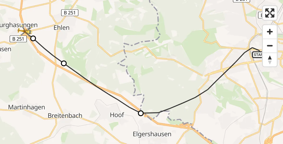 Flugroute Rettungshubschrauber Kassel - Zierenberg, 11 Mai 2026, 12:28