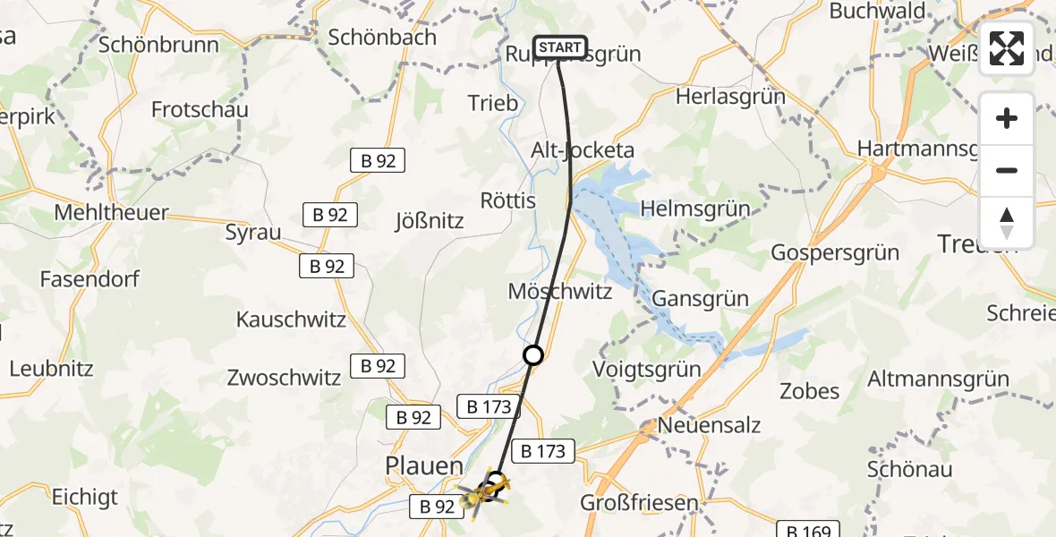Flugroute Rettungshubschrauber Pöhl - Helios Clinic Plauen, 11 Mai 2026, 12:34