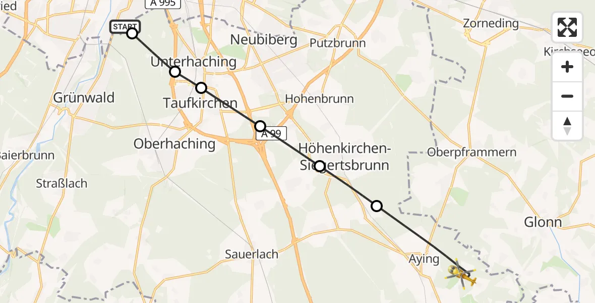 Flugroute Rettungshubschrauber ADAC Air Rescue Center Hubschrauberlandeplatz (Christoph 1) - Aying, 11 Mai 2026, 12:38