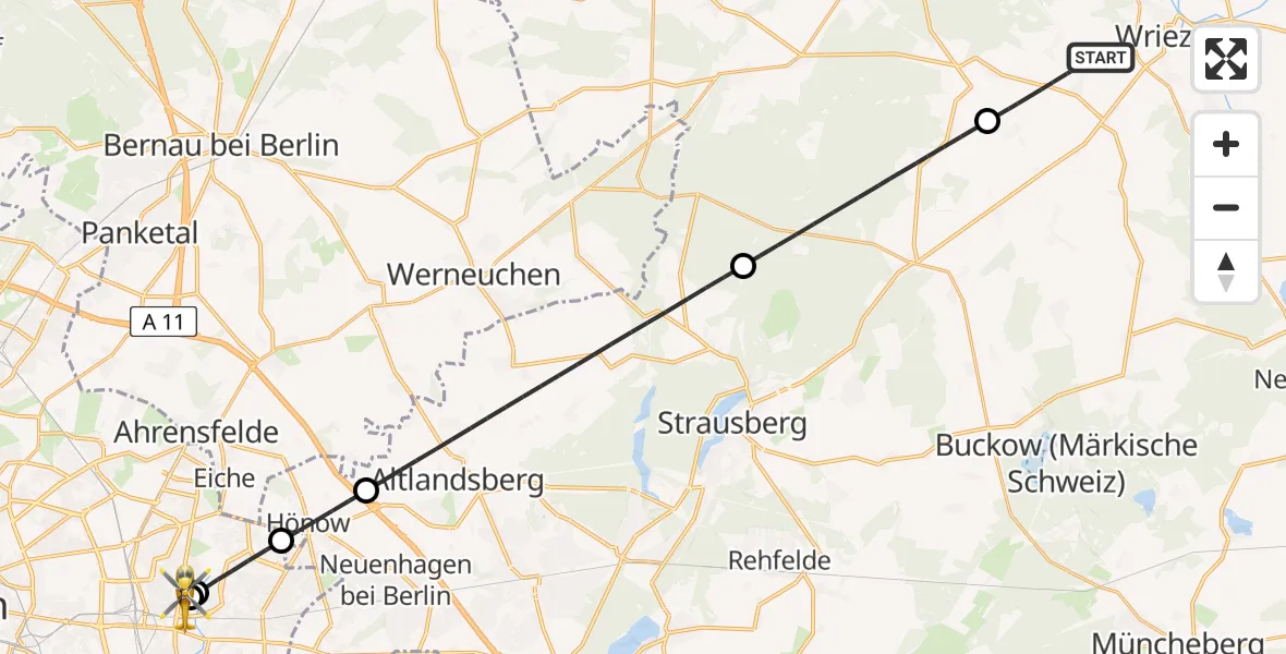 Flugroute Ambulanzhubschrauber Wriezen - Berlin Emergency Hospital, 11 Mai 2026, 12:39