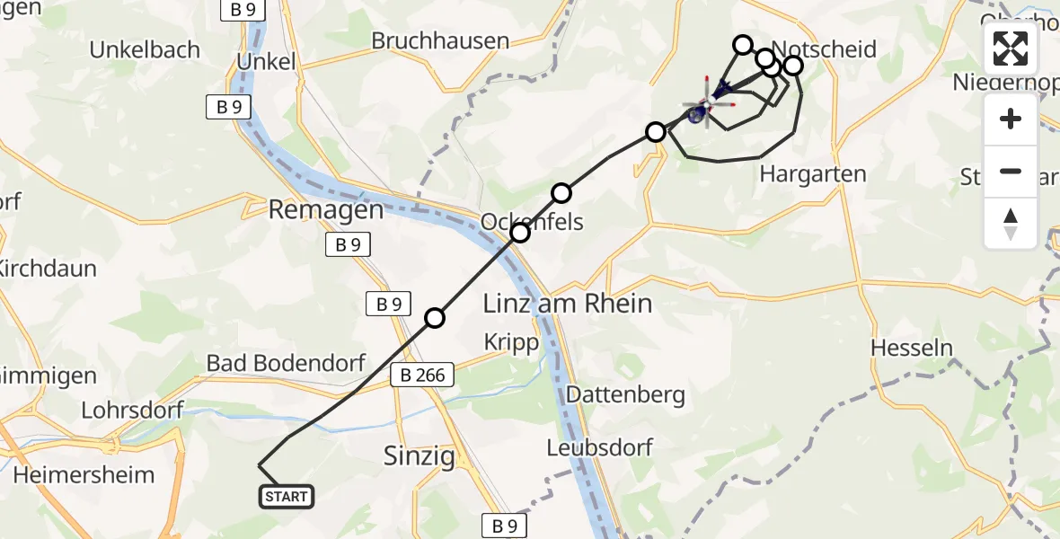 Flugroute Polizeihubschrauber Sinzig - Linz am Rhein, 11 Mai 2026, 12:43
