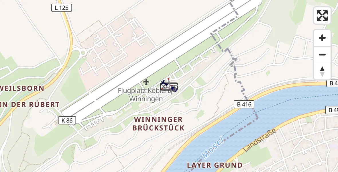 Flugroute Polizeihubschrauber Koblenz-Winningen Flugplatz - Koblenz-Winningen Flugplatz, 11 Mai 2026, 12:46