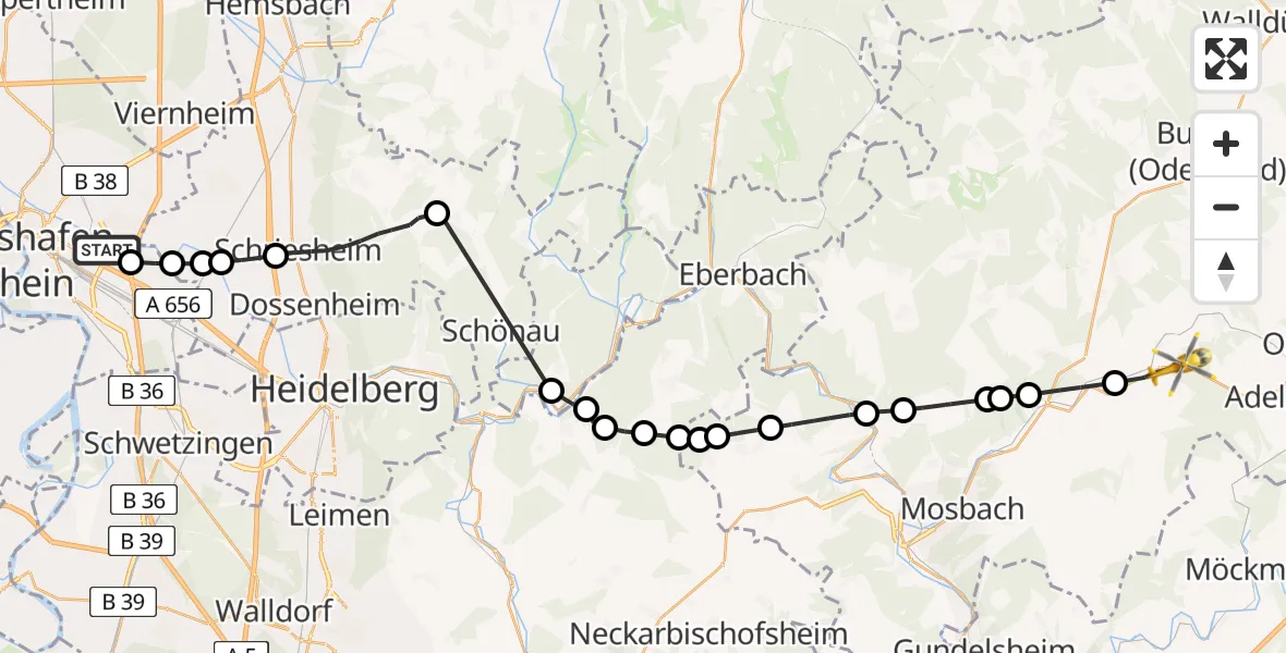 Flugroute Rettungshubschrauber Mannheim-City Flughafen - Schefflenz, 11 Mai 2026, 12:49