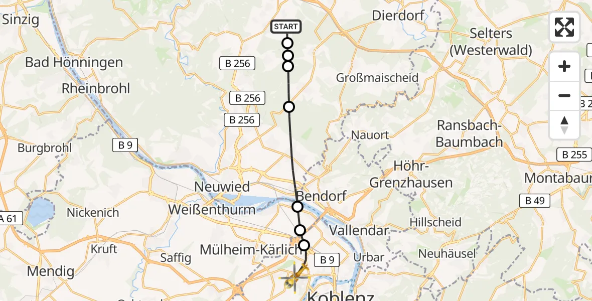 Flugroute Rettungshubschrauber Oberraden - Koblenz, 11 Mai 2026, 12:50