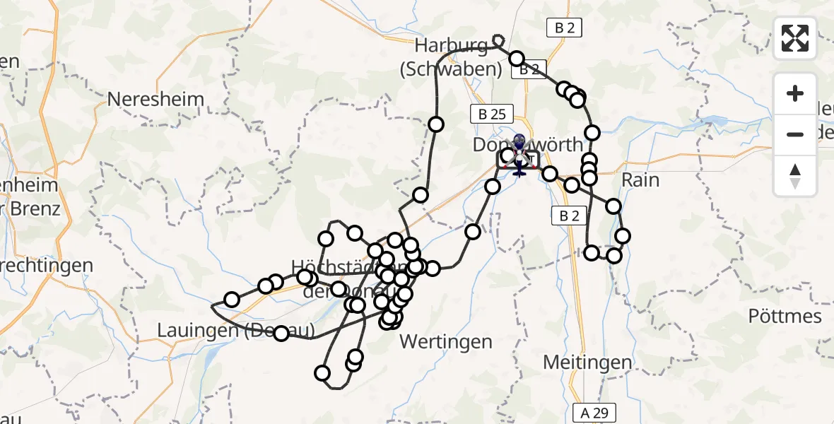 Flugroute Polizeihubschrauber Donauwörth Hubschrauberlandeplatz - Donauwörth Hubschrauberlandeplatz, 11 Mai 2026, 12:51