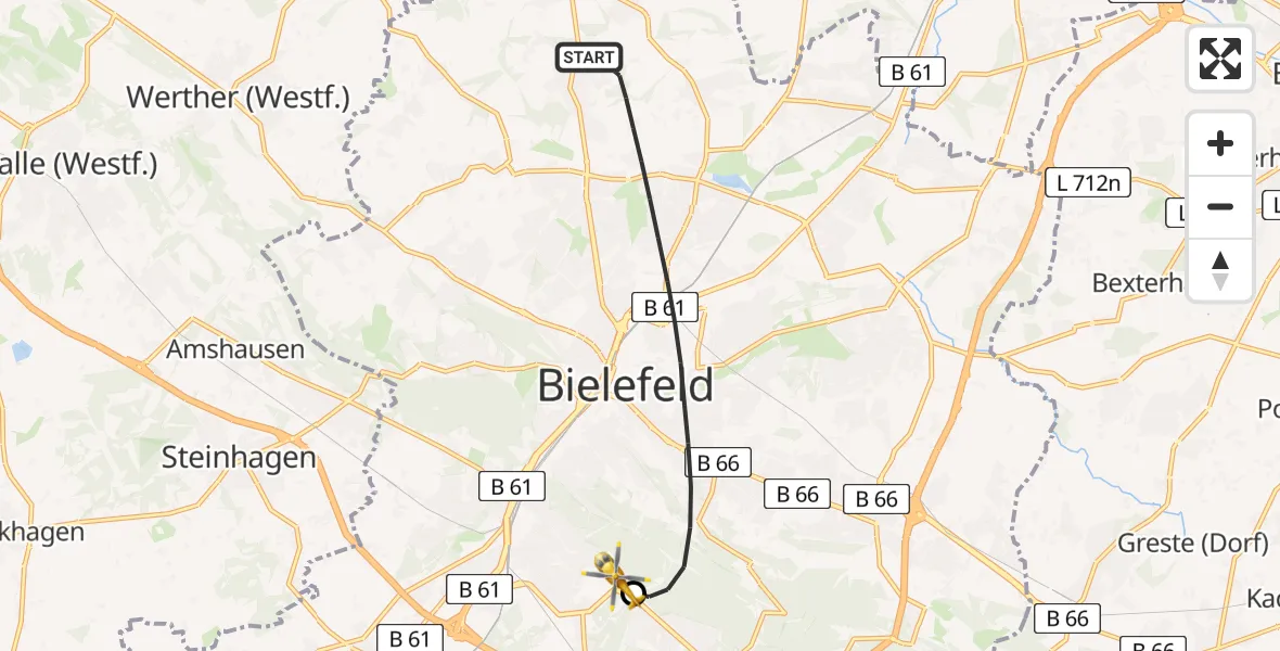 Flugroute Rettungshubschrauber Bielefeld - Luftrettungszentrum Bielefeld, 11 Mai 2026, 12:54