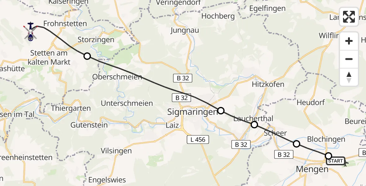 Flugroute Polizeihubschrauber Mengen-Hohentengen Flugplatz - Stetten am kalten Markt, 11 Mai 2026, 12:55