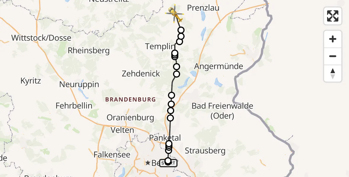 Flugroute Rettungshubschrauber Berlin Emergency Hospital - Boitzenburger Land, 11 Mai 2026, 13:03