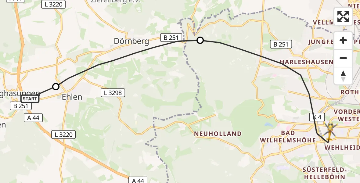 Flugroute Rettungshubschrauber Zierenberg - Kassel, 11 Mai 2026, 13:06