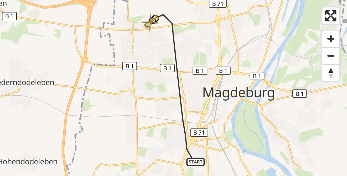 Flugroute Rettungshubschrauber Magdeburg - Magdeburg Hospital, 11 Mai 2026, 13:06