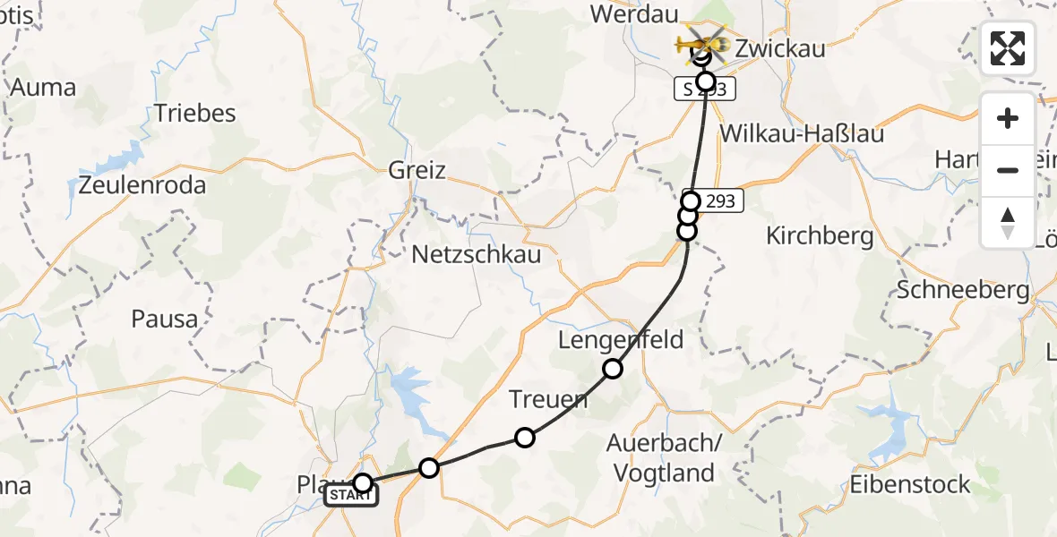 Flugroute Rettungshubschrauber Helios Clinic Plauen - ADAC Air Rescue Station Zwickau Hubschrauberlandeplatz, 11 Mai 2026, 13:07
