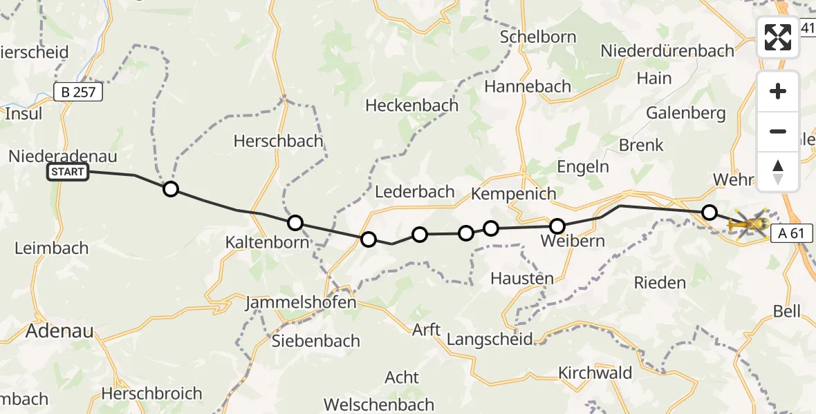 Flugroute Ambulanzhubschrauber Dümpelfeld - Wehr, 11 Mai 2026, 13:07