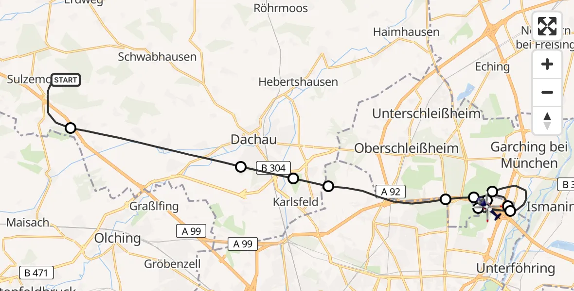 Flugroute Polizeihubschrauber Sulzemoos - München, 11 Mai 2026, 13:10
