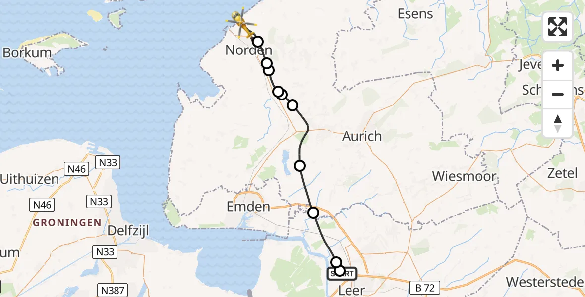 Flugroute Ambulanzhubschrauber Flugplatz Leer-Papenburg - Norden-Norddeich Flughafen, 11 Mai 2026, 13:13