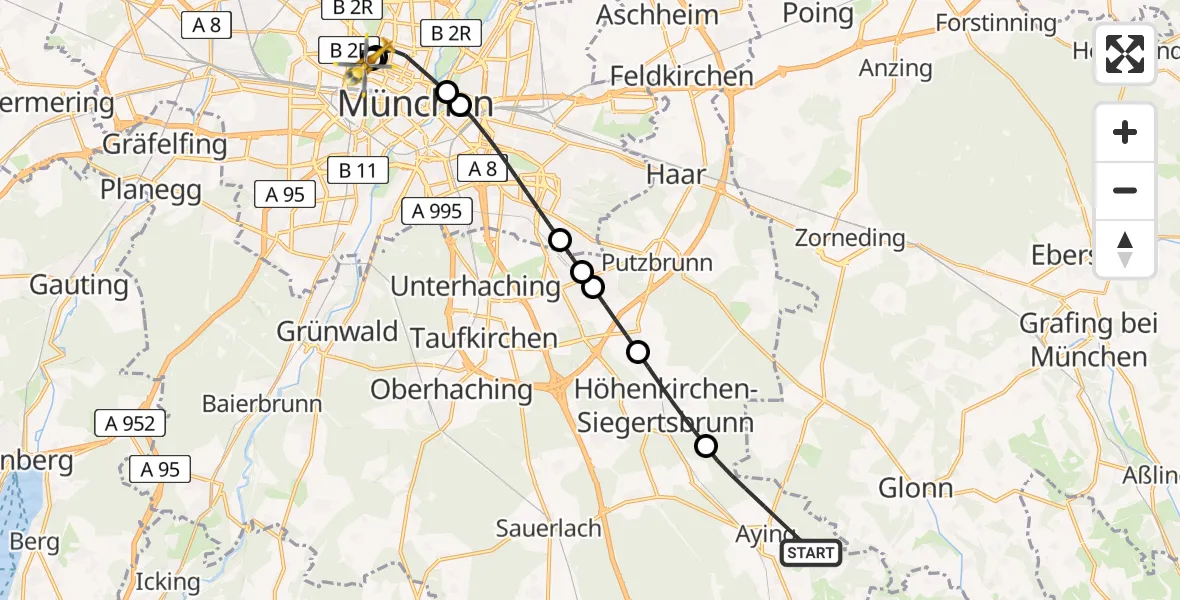 Flugroute Rettungshubschrauber Aying - Deutsches Herzzentrum München, 11 Mai 2026, 13:22