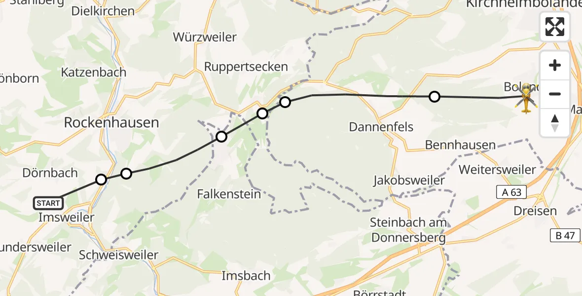 Flugroute Rettungshubschrauber Imsweiler UL - Bolanden, 11 Mai 2026, 13:23