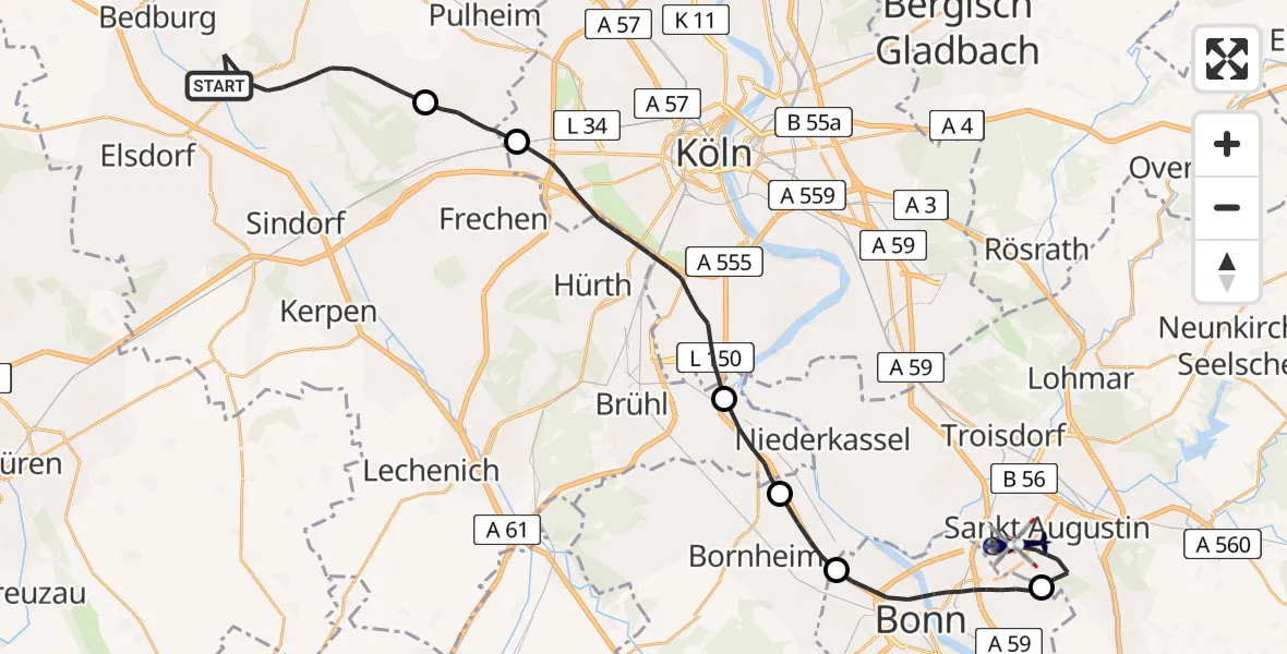 Flugroute Polizeihubschrauber Bergheim - Bonn-Hangelar Flugplatz, 11 Mai 2026, 13:23