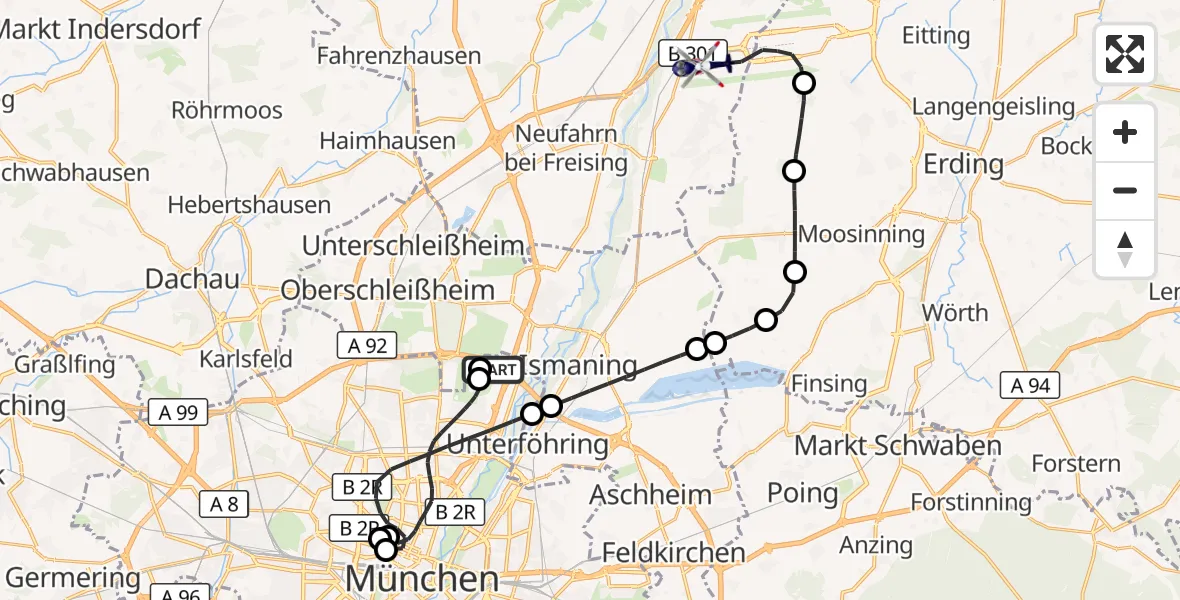 Flugroute Polizeihubschrauber München - München Flughafen, 11 Mai 2026, 13:26