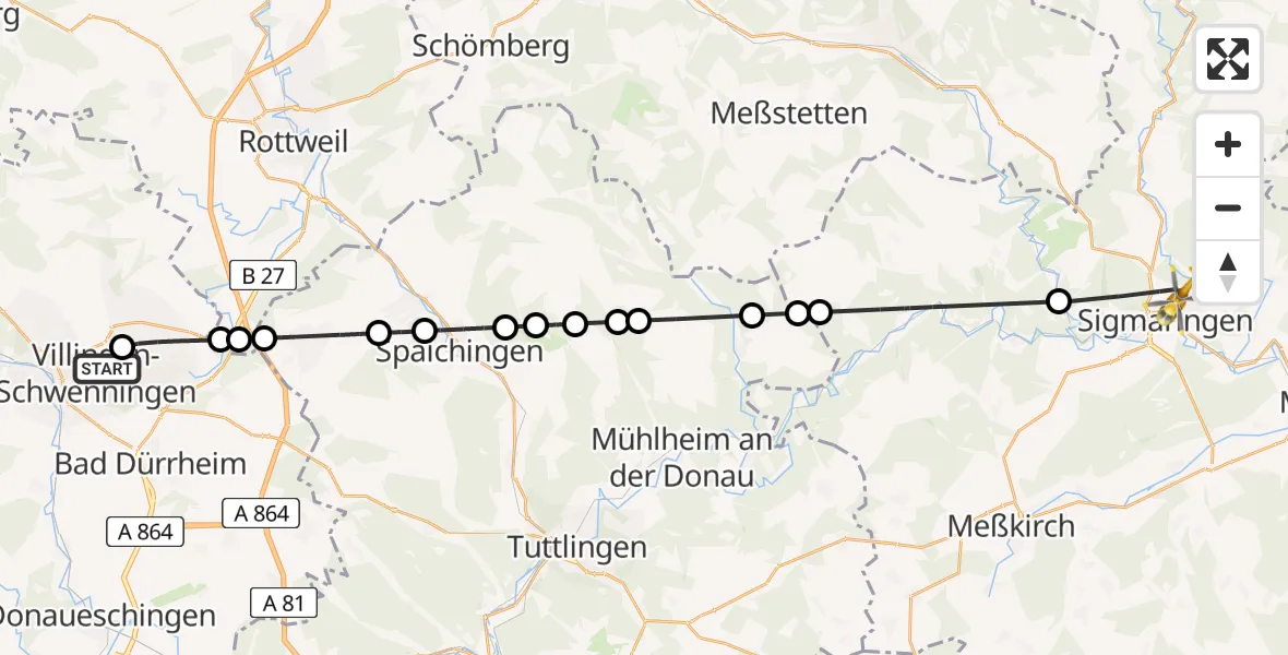 Flugroute Rettungshubschrauber DRF Air Rescue Station Villingen-Schwenningen Hubschrauberlandeplatz (Christoph 11) - Sigmaringen, 11 Mai 2026, 13:28