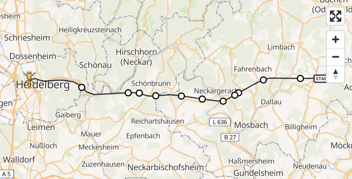Flugroute Rettungshubschrauber Schefflenz - Heidelberg, 11 Mai 2026, 13:35