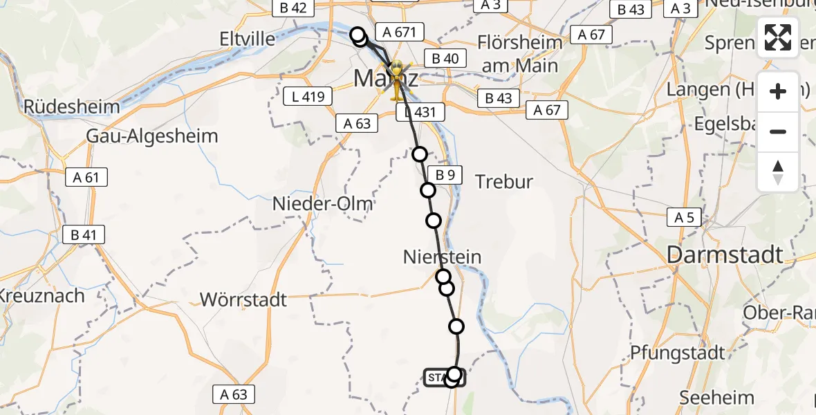 Flugroute Rettungshubschrauber Guntersblum - Mainz, 11 Mai 2026, 13:50