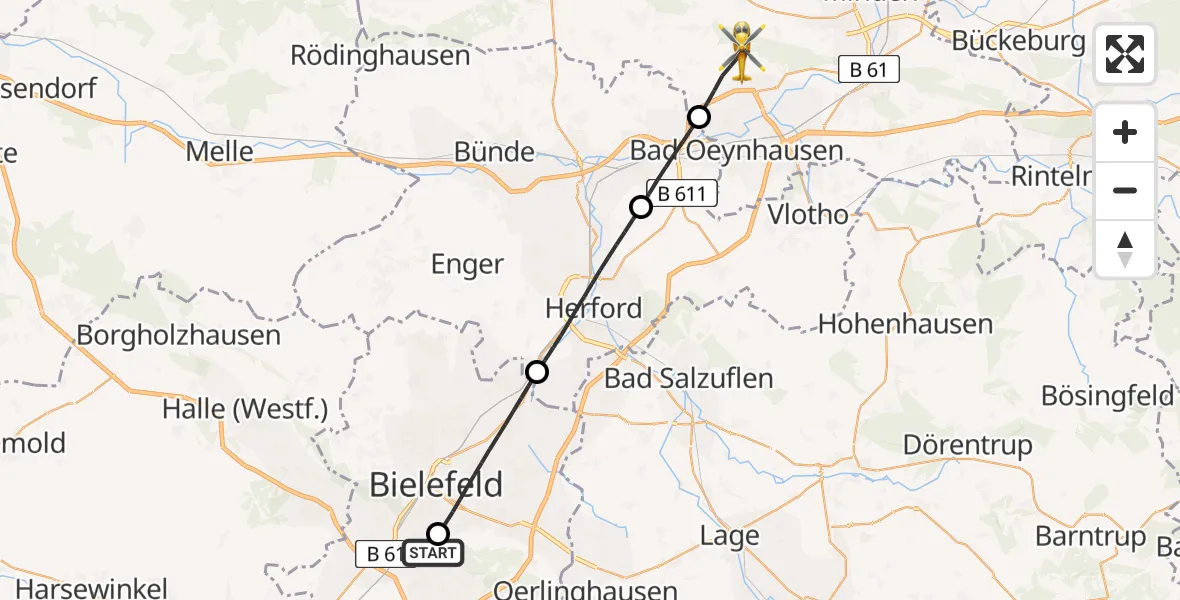 Flugroute Rettungshubschrauber Luftrettungszentrum Bielefeld - Bad Oeynhausen, 11 Mai 2026, 13:53