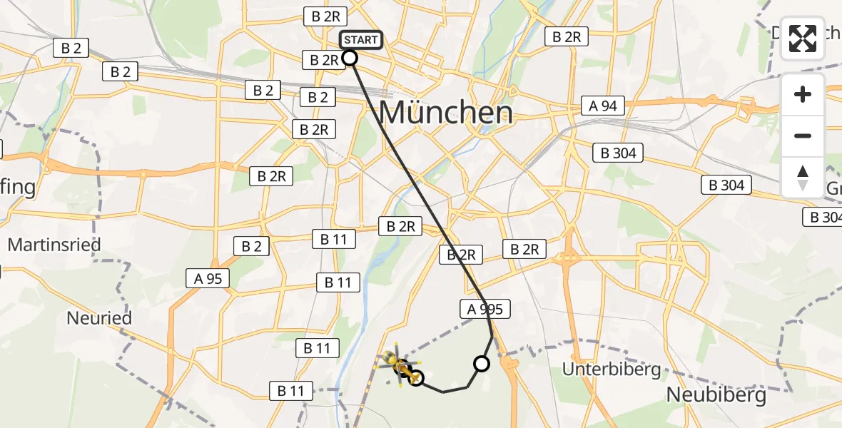 Flugroute Rettungshubschrauber Deutsches Herzzentrum München - ADAC Air Rescue Center Hubschrauberlandeplatz (Christoph 1), 11 Mai 2026, 13:53