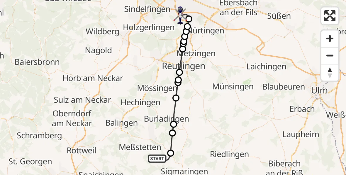 Flugroute Polizeihubschrauber Stetten am kalten Markt - Flughafen Stuttgart, 11 Mai 2026, 14:02