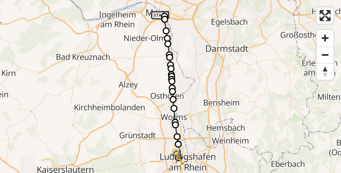 Flugroute Rettungshubschrauber Mainz - Ludwigshafen Accident Hospital, 11 Mai 2026, 14:05