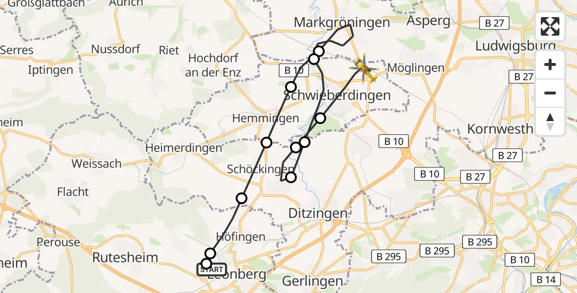Flugroute Rettungshubschrauber Leonberg Hospital - Schwieberdingen, 11 Mai 2026, 14:06