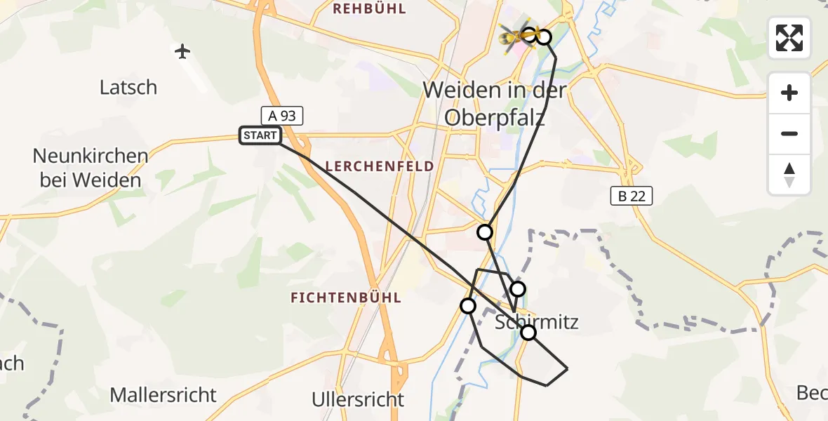 Flugroute Rettungshubschrauber Weiden i.d.OPf. - Weiden Hospital, 11 Mai 2026, 14:07
