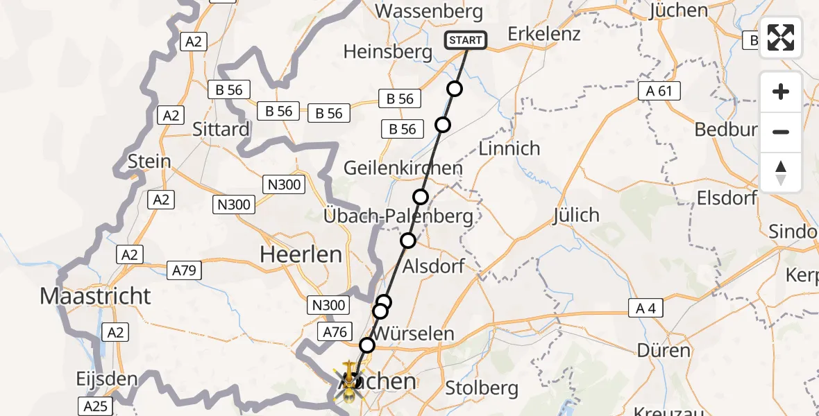 Flugroute Rettungshubschrauber Hückelhoven - Aachen Hospital, 11 Mai 2026, 14:07