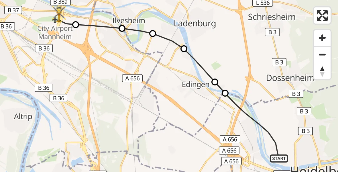 Flugroute Rettungshubschrauber Heidelberg - Mannheim-City Flughafen, 11 Mai 2026, 14:15