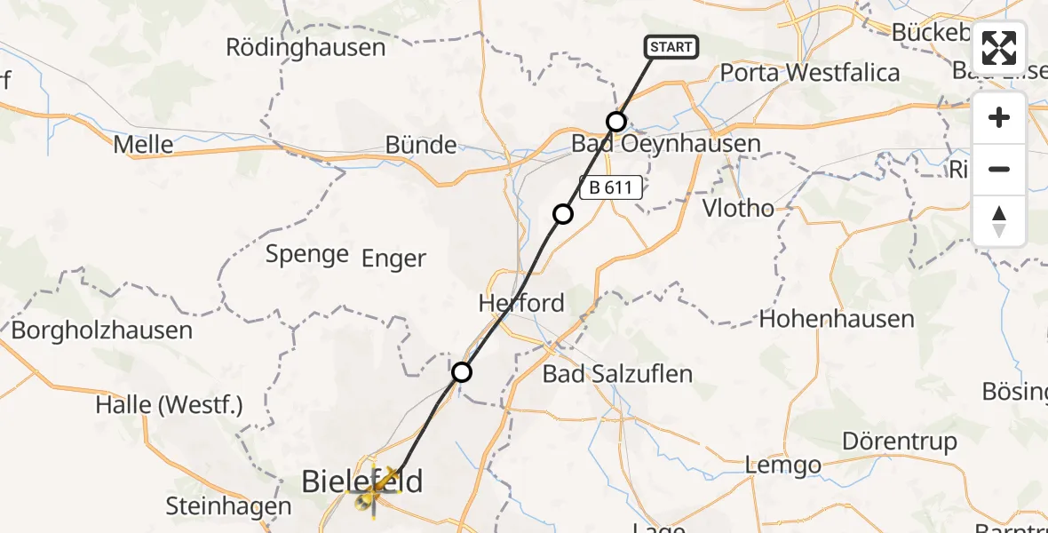 Flugroute Rettungshubschrauber Bad Oeynhausen - Bielefeld, 11 Mai 2026, 14:22