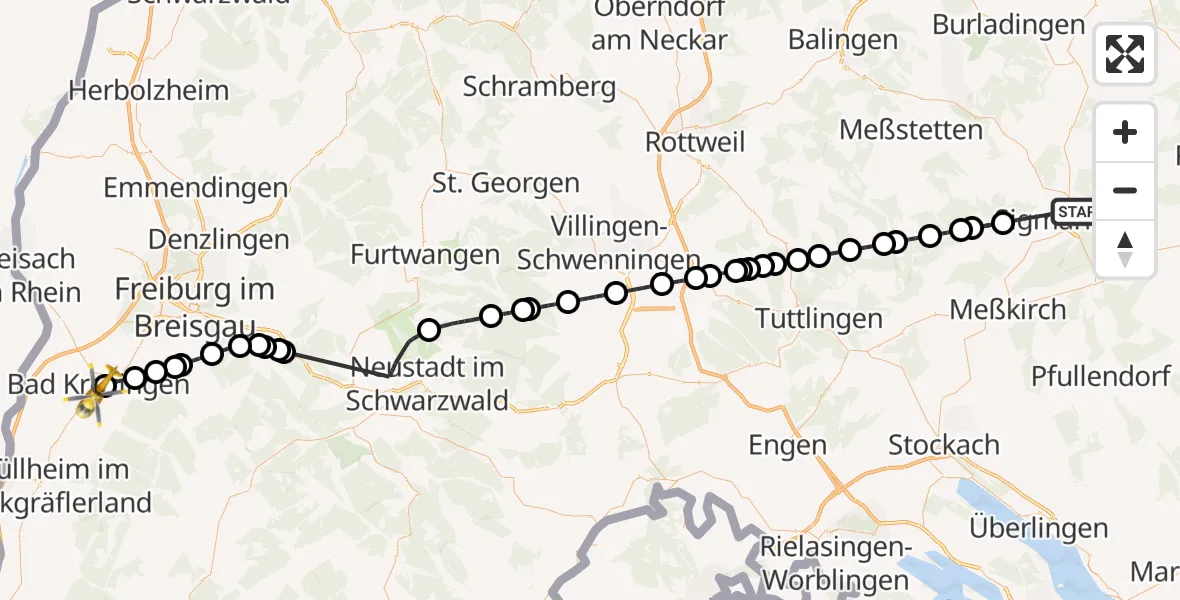 Flugroute Rettungshubschrauber Sigmaringen - Bad Krozingen, 11 Mai 2026, 14:40