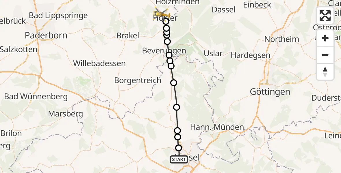 Flugroute Rettungshubschrauber Kassel - Höxter, 11 Mai 2026, 14:42