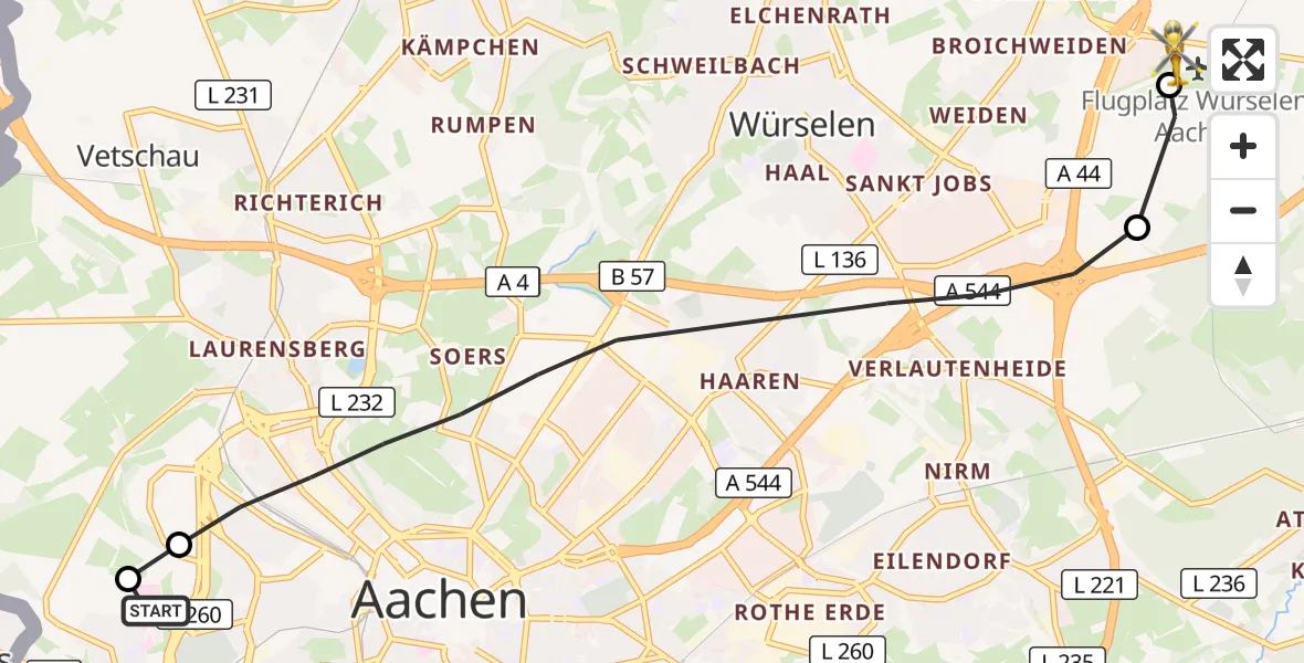 Flugroute Rettungshubschrauber Aachen Hospital - Aachen-Merzbrück Flughafen, 11 Mai 2026, 14:45