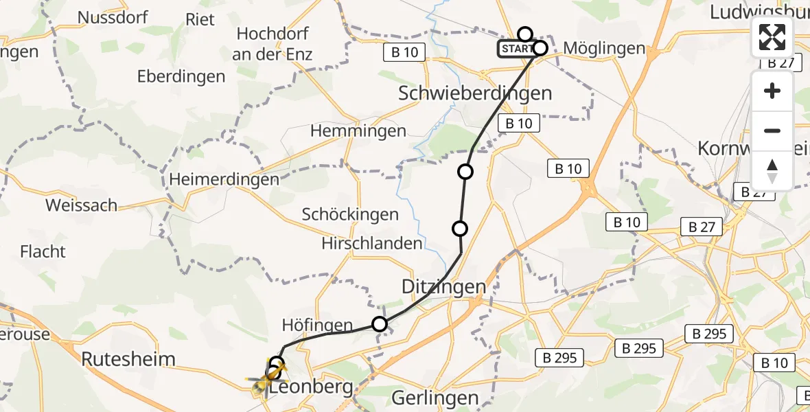 Flugroute Rettungshubschrauber Schwieberdingen - Leonberg Hospital, 11 Mai 2026, 14:49