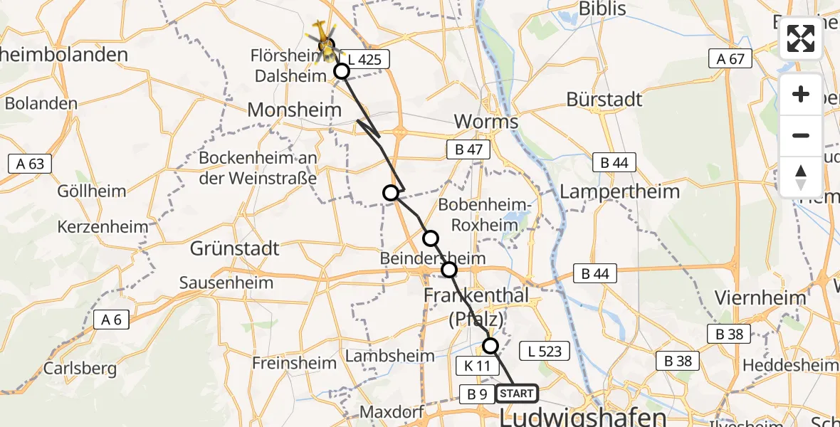 Flugroute Rettungshubschrauber Ludwigshafen am Rhein - Gundheim, 11 Mai 2026, 14:55